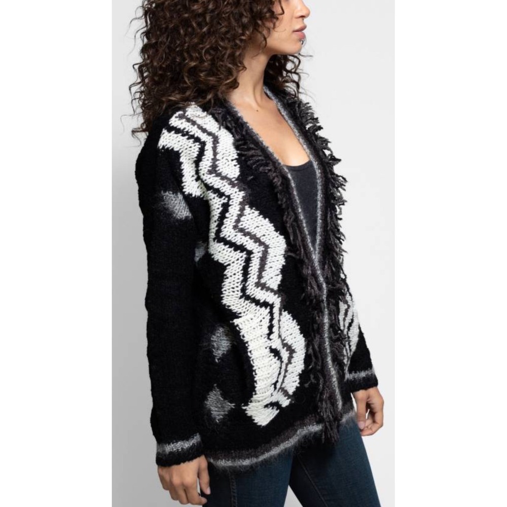 Velvet by Graham & Spencer Black White Patterned Open Front Fringe Cardigan L